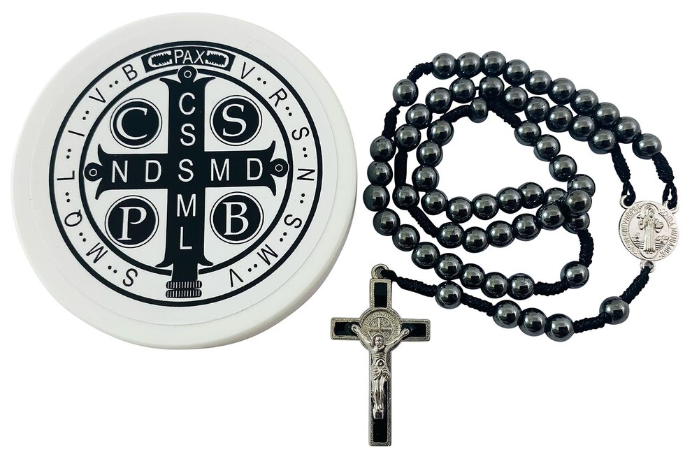 7638 Saint Benedict Rosary with Hematite Metal Beads and Protective Case